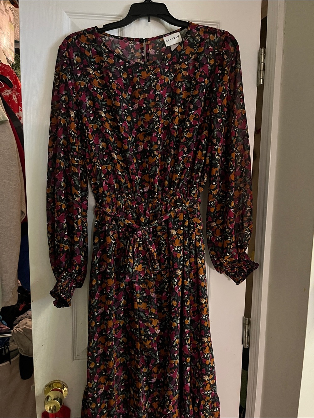 Ava & Viv Black Floral Long Sleeve Midi Dress with Magenta and Mustard Details